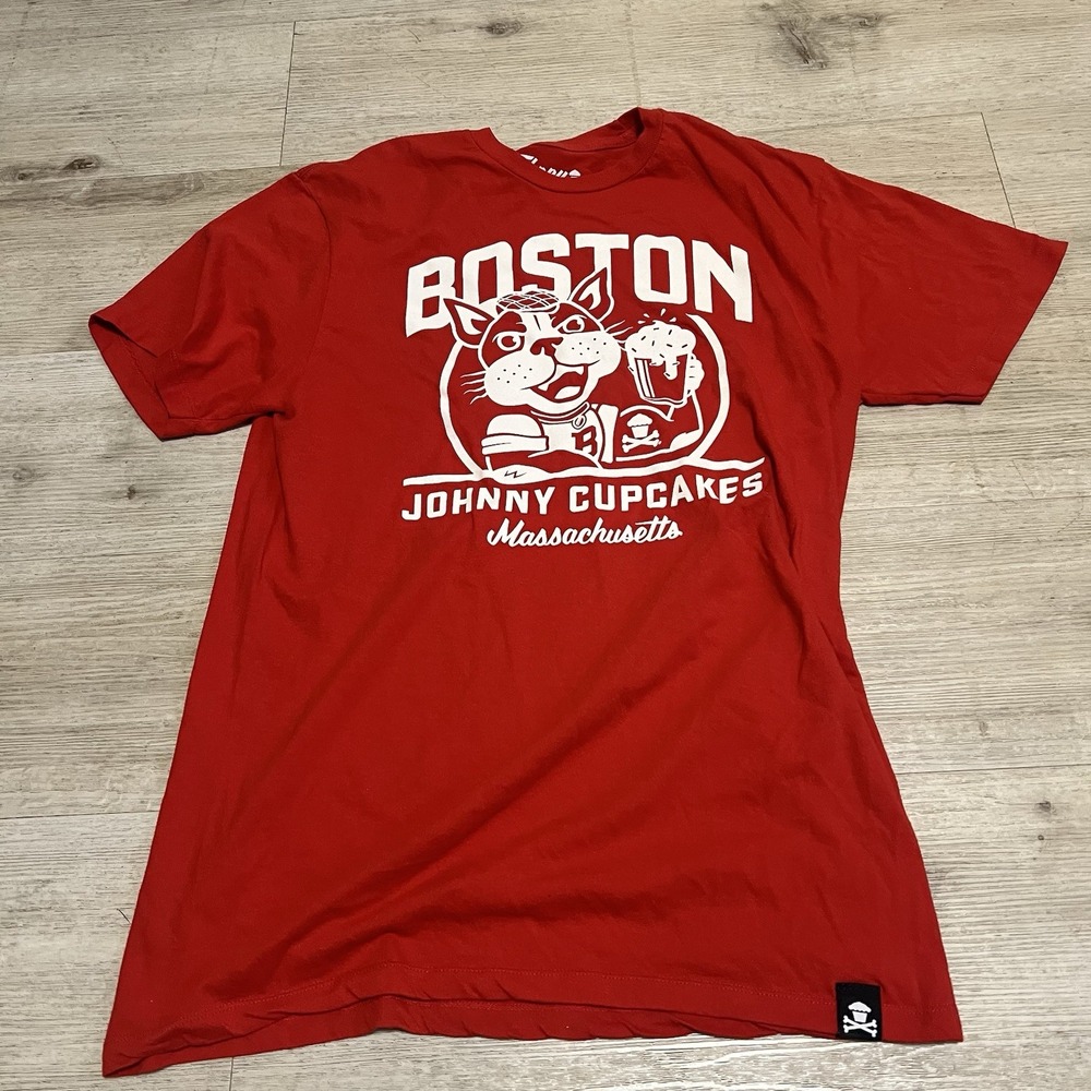 Johnny Cupcakes Boston MA Shirt Red‎ Sz L Mens Punk HC On Broken Wings Haywire